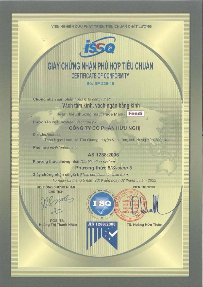 Phòng tắm kính Fendi đạt chứng nhận phù hợp tiêu chuẩn AS 1288:2006