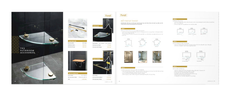 Thương hiệu phòng tắm kính Fendi cung cấp các phụ kiện đi kèm như thanh chắn nước, kệ kính vách và ghế treo tường